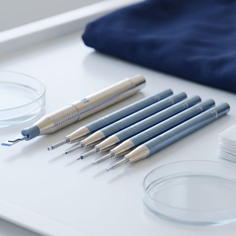 Strumenti per trapianto FUE e DHI su un vassoio sterile